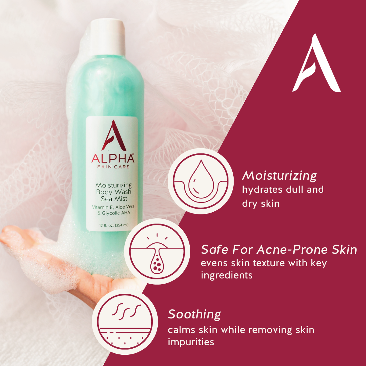 Alpha Skincare Moisturizing Body Wash Vitamin E, Aloe Vera & Glycolic AHA 354ml - Image 2